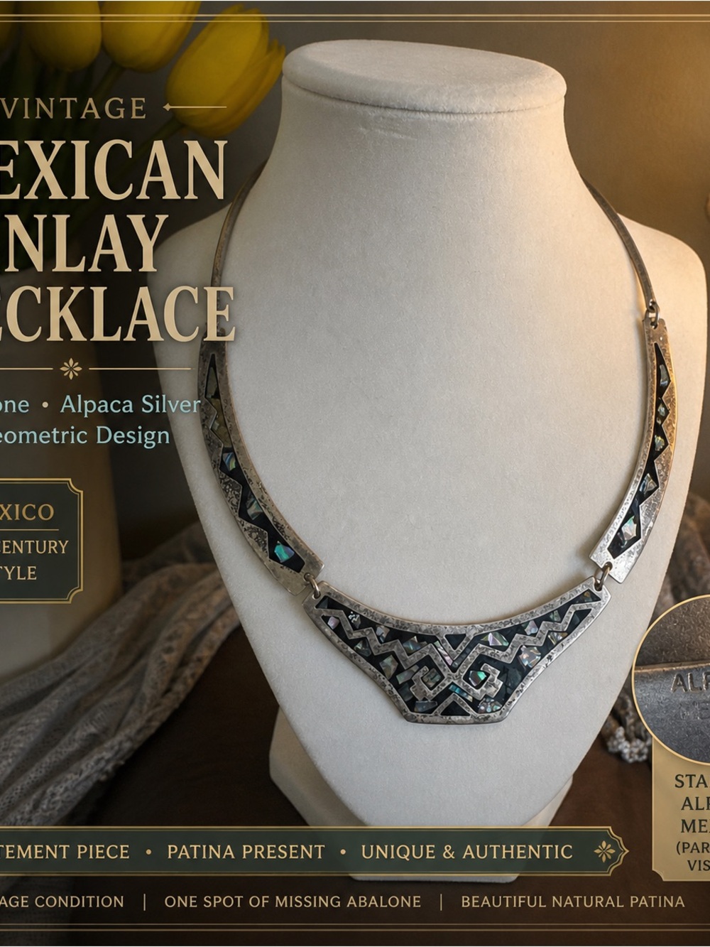 Vintage Mexican Inlay Necklace - Black & Iridescent Abalone READ NOTES